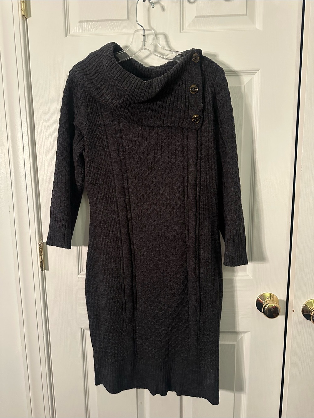 Sandra Darren Black Button-Shoulder Cable Knit Sweater Dress